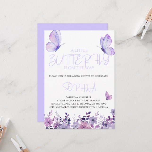 Purple Butterfly Baby Shower Invitations  (Front/Back In Situ)