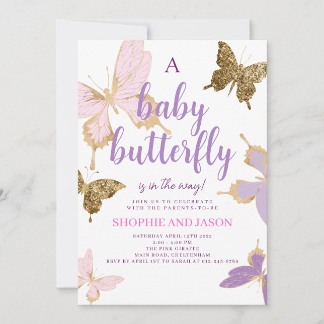 Purple Butterfly Baby Shower Invite Girl (Front)