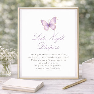 Purple Butterfly Baby Shower Late Night Diapers Poster