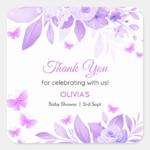 Purple Butterfly Baby Shower Thank You  Square Sticker