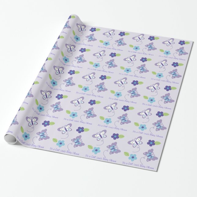 Purple Butterfly Baby Shower Wrapping Paper (Unrolled)