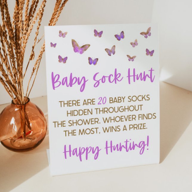 Purple Butterfly Baby Sock Hunt Baby Shower Game Pedestal Sign (Creator Uploaded)