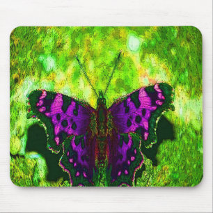 Purple Butterfly Background on Lime Green Leaves Mouse Pad