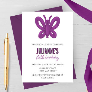 Purple Butterfly Balloon Animal Birthday Invitation