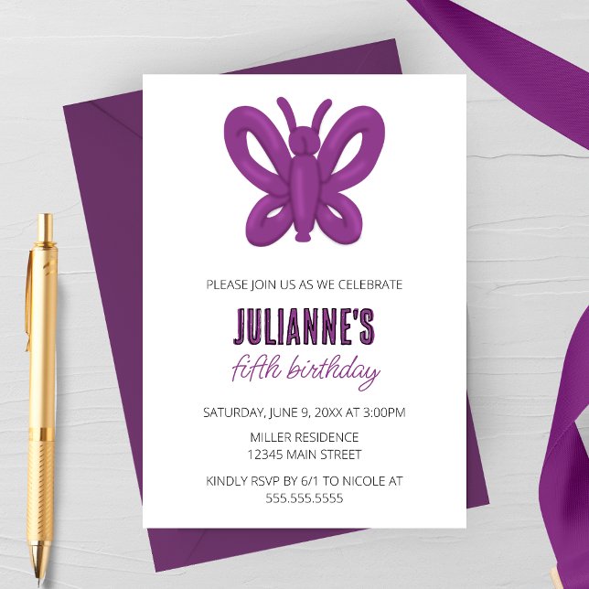 Purple Butterfly Balloon Animal Birthday Invitation (Creator Uploaded)