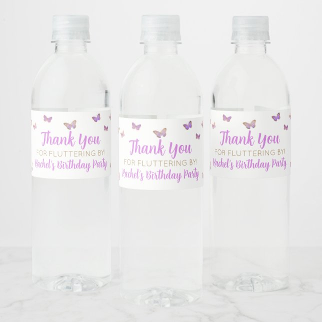 Purple Butterfly Birthday Party Favour Water Bottle Label (Bottles)
