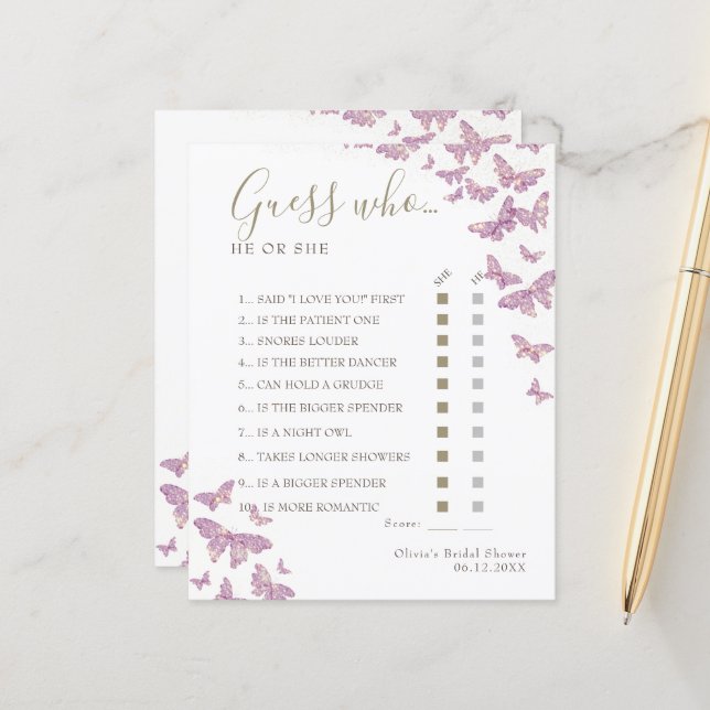 Purple Butterfly Boho Bridal Shower Guess Who Game (Front/Back In Situ)