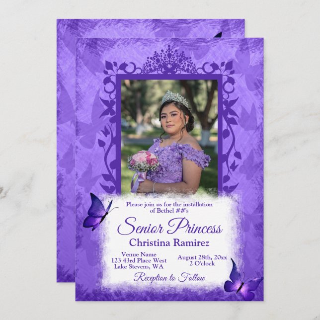 Purple Butterfly Border Honoured Queen Installatio Invitation (Front/Back)