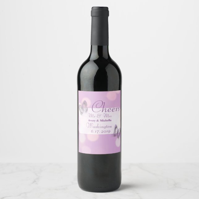 Purple Butterfly Customised Wedding Wine Label (Front)