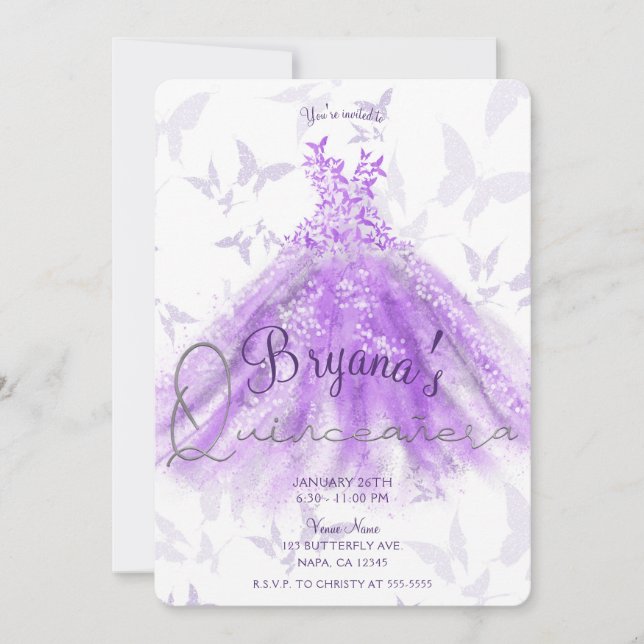 Purple Butterfly Dance Dress Silver Quinceañera 15 Invitation (Front)