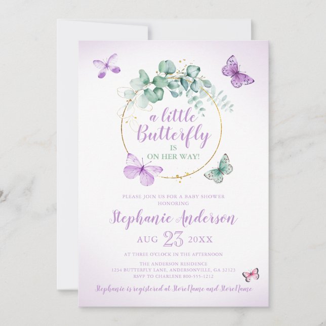 Purple Butterfly Eucalyptus Baby Girl Shower Invit Invitation (Front)