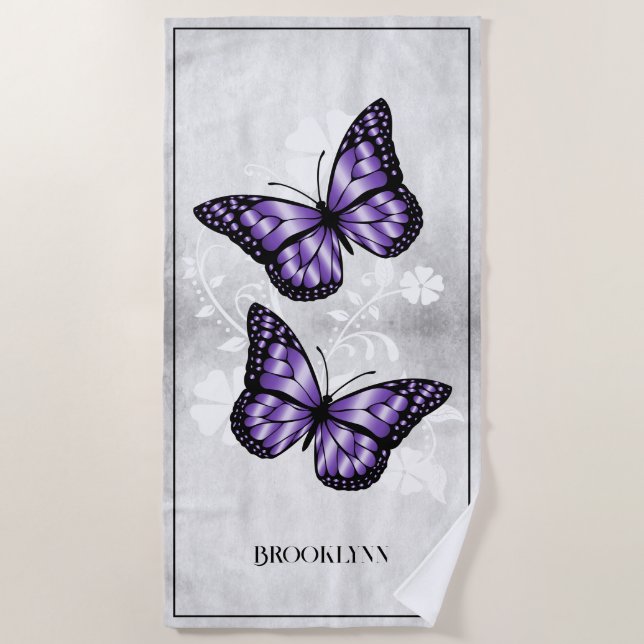 Purple Butterfly Floral Beach Towel (Front)