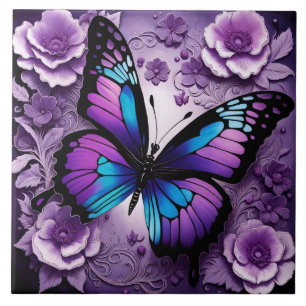 Purple Butterfly Floral Ceramic Tile