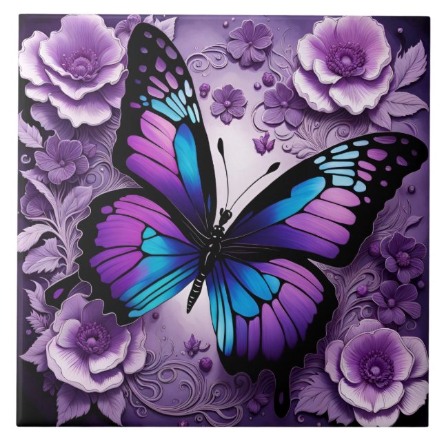 Purple Butterfly Floral  Ceramic Tile (Front)