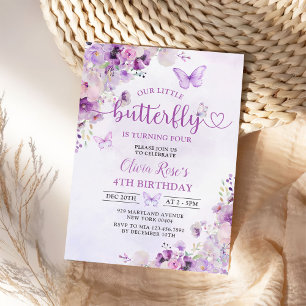 Purple Butterfly Floral Girl Birthday Party Invitation