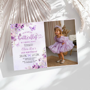 Purple Butterfly Floral Girl Birthday Party Photo Invitation