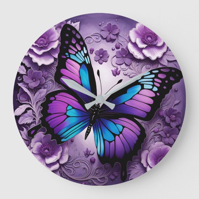 Purple Butterfly Floral  Large Clock (Front)