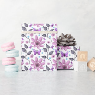 Purple Butterfly Floral Pattern Cute Cottagecore Wrapping Paper