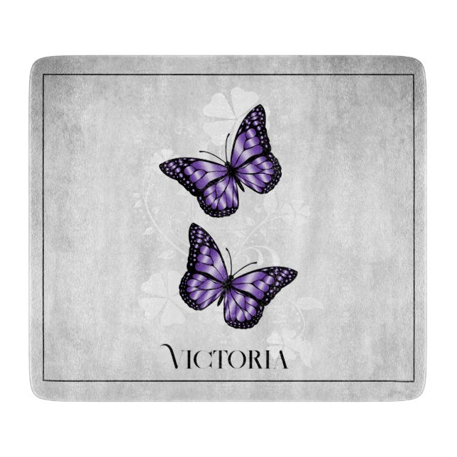 Purple Butterfly Floral Personalised Cutting Board (Front)