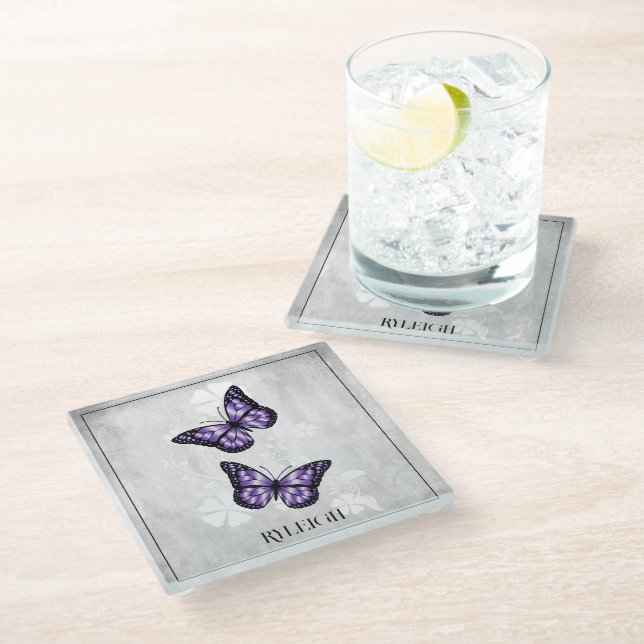 Purple Butterfly Floral Personalised Glass Coaster (Angled)