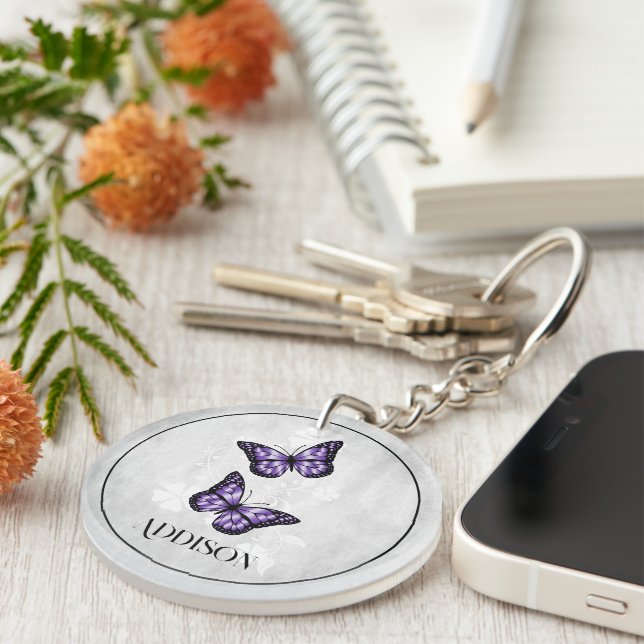 Purple Butterfly Floral Personalised Keychain (Front Right)
