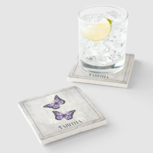 Purple Butterfly Floral Personalised Stone Coaster