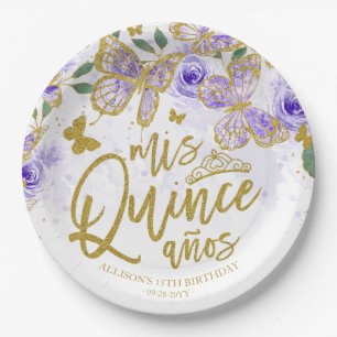 Purple Butterfly Floral Quinceanera Party Paper Plate