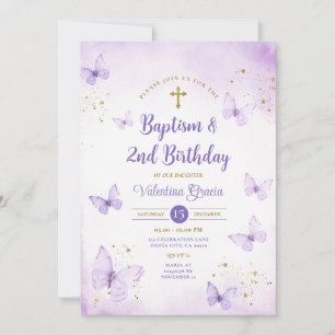 Purple Butterfly Girl 2nd Birthday Baptism Cross Invitation