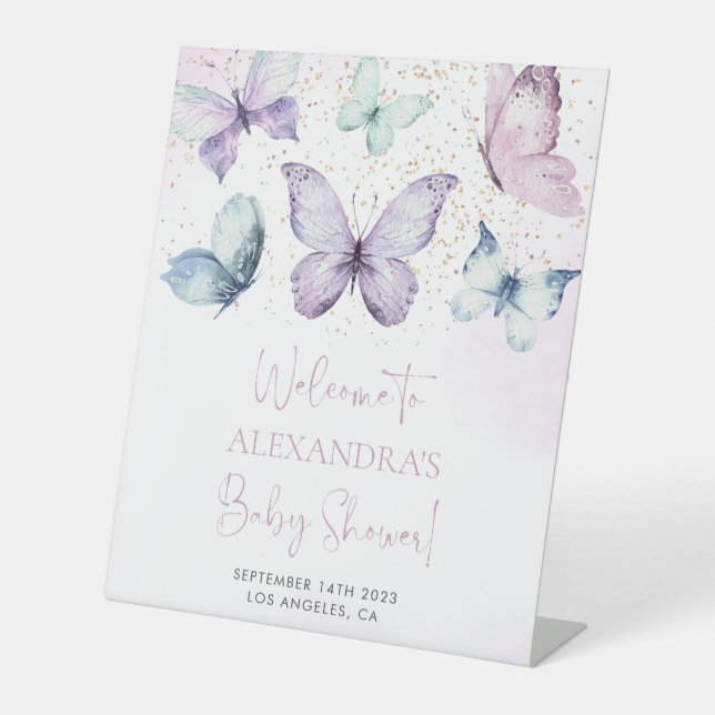 Purple Butterfly Girl Baby Shower Welcome Sign (Front)