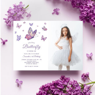 Purple Butterfly Girl Birthday Photo Invitation
