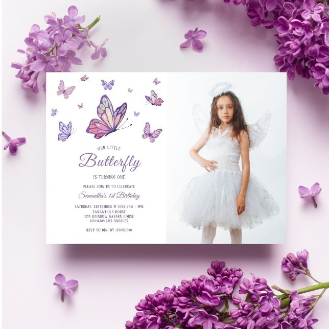 Purple Butterfly Girl Birthday Photo Invitation (Creator Uploaded)