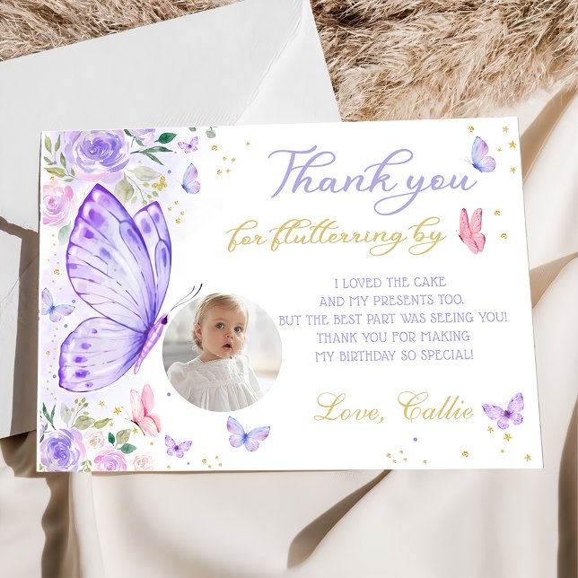 Purple Butterfly Girl Birthday Photo Thank You Card (Creator Uploaded)