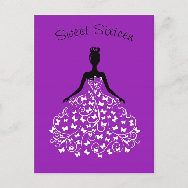 Purple Butterfly Gown Sweet Sixteen Invitation Postcard (Front)