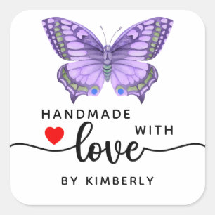 Purple Butterfly Handmade with Love White  Square Sticker