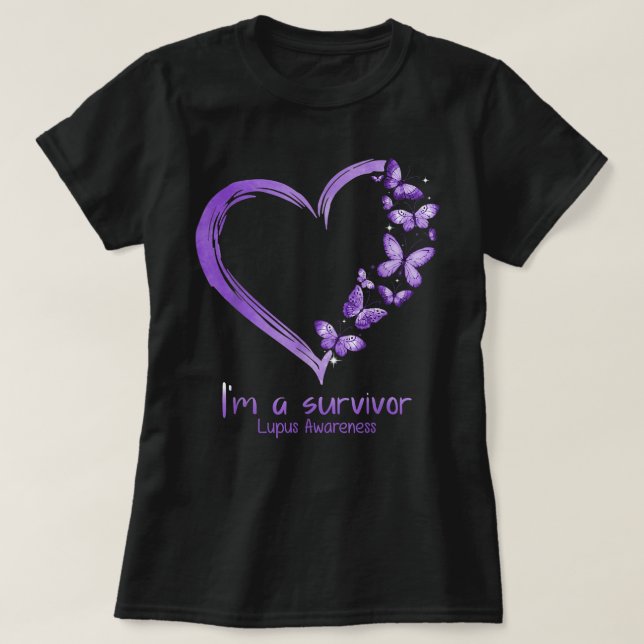 Purple Butterfly Heart I'm A Survivor Lupus Awaren T-Shirt (Design Front)