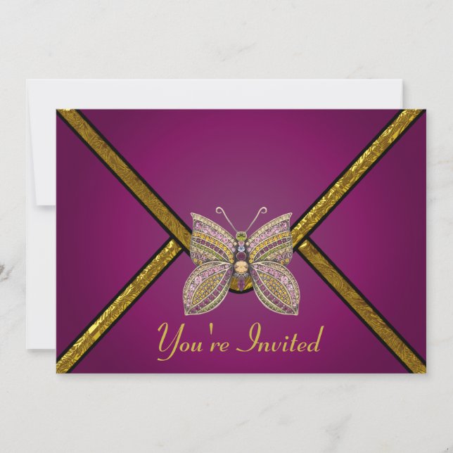 Purple Butterfly Jewelled Party Invitation (Front)