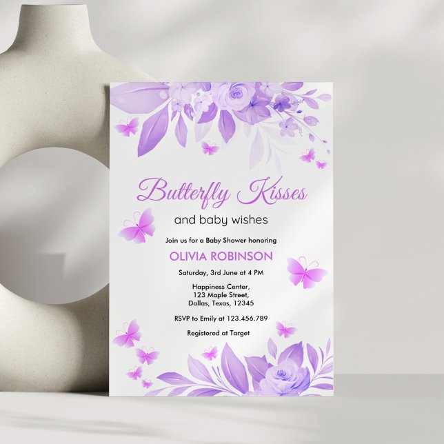 Purple Butterfly Kisses & Baby Wishes Baby Shower  Invitation (Purple Butterfly Kisses & Baby Wishes Baby Shower Invitation )