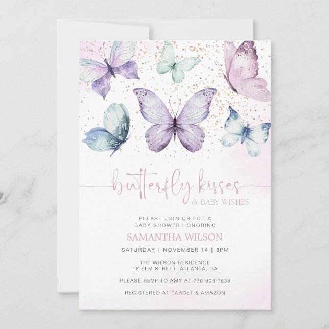 Purple Butterfly Kisses Girl Baby Shower Invitation (Front)