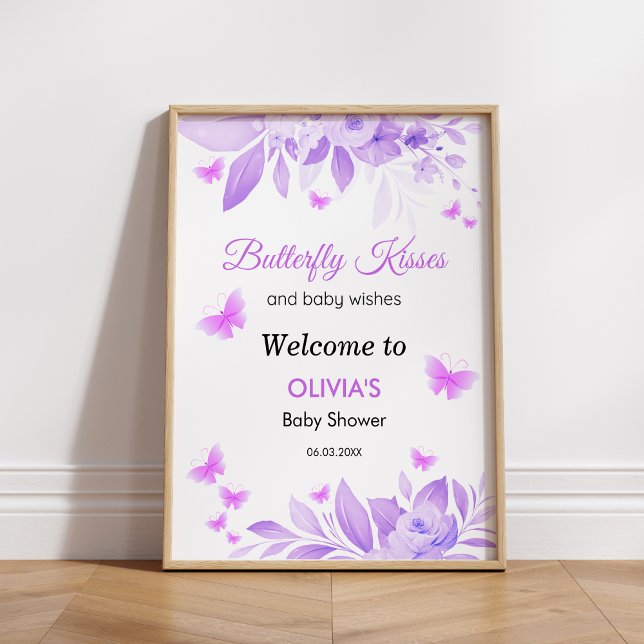 Purple Butterfly Kisses Girl Baby Shower Welcome Poster (Purple Butterfly Kisses Girl Baby Shower Welcome Sign 
)