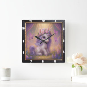 Purple Butterfly Magical Unicorn  Square Wall Clock