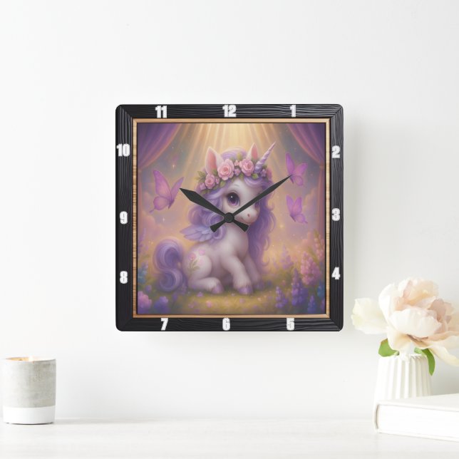 Purple Butterfly Magical Unicorn  Square Wall Clock (Home)