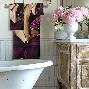 Purple Butterfly Masquerade Woman Elegant Fantasy Bath Towel Set