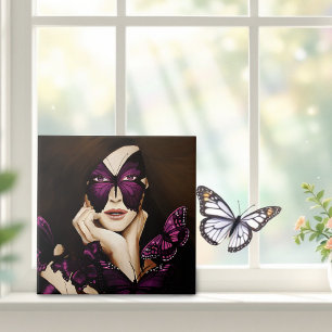 Purple Butterfly Masquerade Woman Elegant Fantasy Ceramic Tile