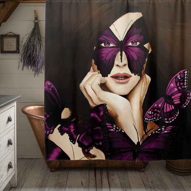 Purple Butterfly Masquerade Woman Elegant Fantasy Shower Curtain (Creator Uploaded)