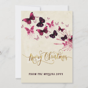 Purple Butterfly Merry Christmas Glitter Holiday Card