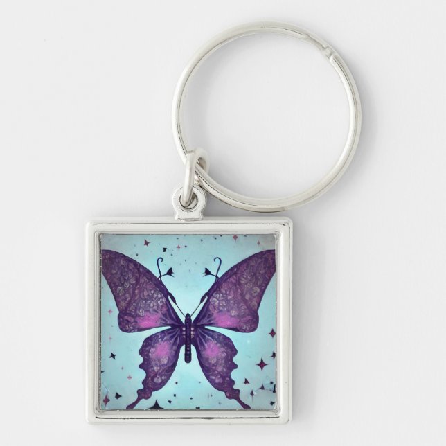 Purple Butterfly on Blue Key Ring (Front)