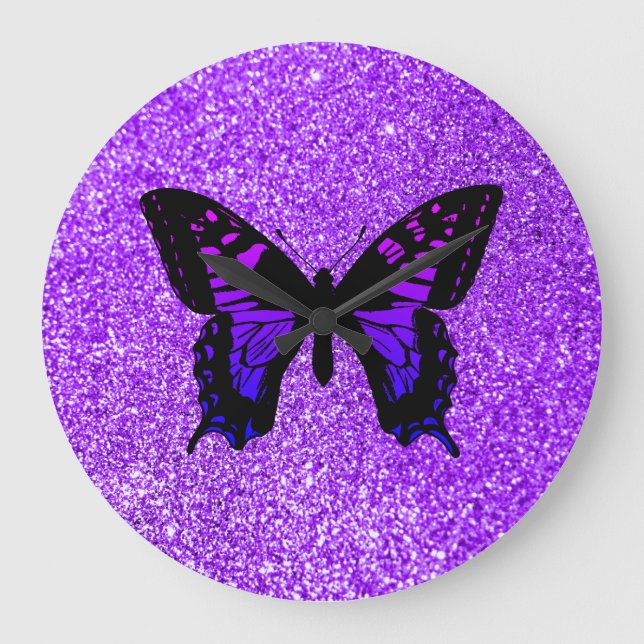 Purple Butterfly on Glitter Large Clock (Front)