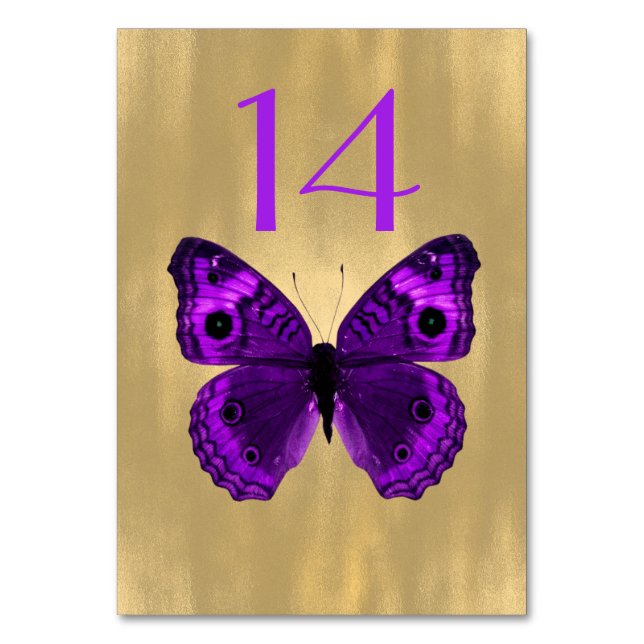 Purple Butterfly on Gold Wedding Table Number Card (Front)