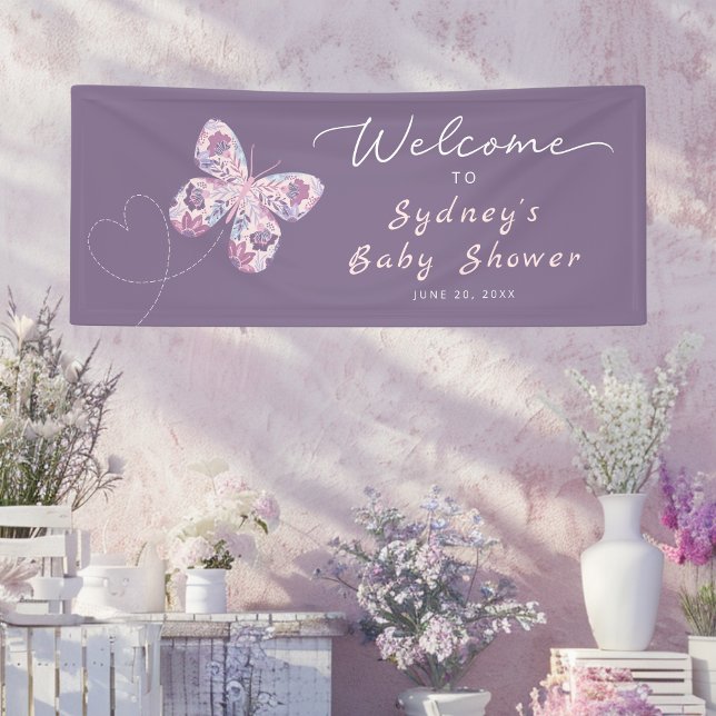 Purple Butterfly Personalised Baby Shower Welcome  Banner (Shown on a 2.5' x 6' banner)