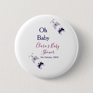 Purple butterfly pink baby shower oh baby modern 6 cm round badge